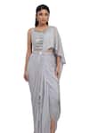 Buy_Smriti By Anju Agarwal_Grey Chinnon Embellished Sequin Round Pre-draped Saree With Mirrorwork Blouse _Online_at_Aza_Fashions