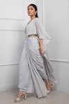 Shop_Smriti By Anju Agarwal_Grey Chinnon Embellished Sequin Round Pre-draped Saree With Mirrorwork Blouse _Online_at_Aza_Fashions