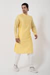 Shop_Smriti by Anju Agarwal_Yellow Kurta- Chanderi Mulmul Embroidered Thread Floral With Pant _at_Aza_Fashions