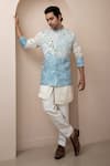 Buy_Smriti by Anju Agarwal_Blue Kurta- Linen Satin Mulmul Arctic Pearl Leaf Nehru Jacket And Set _at_Aza_Fashions