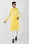 Shop_Smriti by Anju Agarwal_Yellow Nehru Jacket Linen Satin Embroidered Sequins Ombre Kurta Set With _at_Aza_Fashions