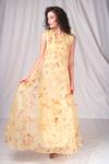 Buy_Seesa_Cream Organza, Silk Beads Round Neck Floral Print Layered Maxi Dress 