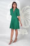 Seesa_Green Viscose Embroidered Applique Work Mandarin Rinesa Solid Skater Dress _at_Aza_Fashions