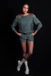 Buy_Seesa_Green Silk, Chiffon Embroidery Boat Neck Placement Organza Top 