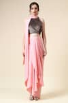 Aakaar_Pink Moss Crepe Embellished Glass Beads Pre-draped Saree With Embroidered Blouse _Online_at_Aza_Fashions