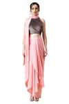 Buy_Aakaar_Pink Moss Crepe Embellished Glass Beads Pre-draped Saree With Embroidered Blouse _Online_at_Aza_Fashions