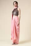 Shop_Aakaar_Pink Moss Crepe Embellished Glass Beads Pre-draped Saree With Embroidered Blouse _Online_at_Aza_Fashions