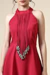 Aakaar_Pink Moss Crepe Embellished Metallic Fringe Halter Berry Tunic And Pant Set _at_Aza_Fashions