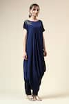 Buy_Aakaar_Blue Silk Crepe Embellished Crystal Boat Draped Tunic With Pant _at_Aza_Fashions