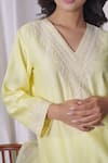 Myra Clothing Line_Yellow Chanderi Hand Embroidered Resham V-neck Floral Kurta Pant Set _at_Aza_Fashions