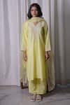 Shop_Myra Clothing Line_Yellow Chanderi Hand Embroidered Resham V-neck Floral Kurta Pant Set _at_Aza_Fashions