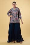 Samyukta Singhania_Blue Kurta Dull Satin Digital Printed Floral Notched Pant Set _at_Aza_Fashions