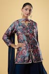 Buy_Samyukta Singhania_Blue Kurta Dull Satin Digital Printed Floral Notched Pant Set 