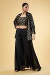 Buy_Samyukta Singhania_Black Georgette Embroidered Sequins Jacket Open Neck Pant Set 