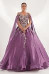 Buy_Chaashni by Maansi and Ketan_Purple Organza Embroidered Sequin V-neck Cape Sleeves Flared Gown _at_Aza_Fashions