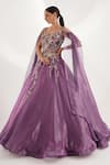 Chaashni by Maansi and Ketan_Purple Organza Embroidered Sequin V-neck Cape Sleeves Flared Gown _Online_at_Aza_Fashions