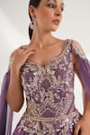 Shop_Chaashni by Maansi and Ketan_Purple Organza Embroidered Sequin V-neck Cape Sleeves Flared Gown _Online_at_Aza_Fashions