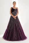 Chaashni By Maansi And Ketan_Purple Net, Velvet Pearls, Stones Asymmetric Beads Gradient Embroidered Gown _Online_at_Aza_Fashions