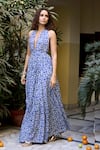 BAARO MASI_Blue Muslin Printed Abstract Floral Halter Backless Dress _Online_at_Aza_Fashions