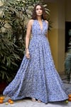 Shop_BAARO MASI_Blue Muslin Printed Abstract Floral Halter Backless Dress _Online_at_Aza_Fashions