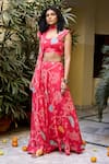 Buy_BAARO MASI_Fuchsia Organza Printed Abstract Floral Sweetheart Lehnga Set With Scarf _at_Aza_Fashions