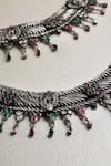 Shop_Mero Jewellery_Silver Plated Ruby Peacock Carved Cutwork Anklet - Set Of 2 _at_Aza_Fashions