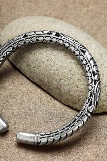 Shop_Mero Jewellery_Silver Plated Tribal Carved Kada _at_Aza_Fashions