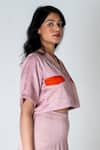 Shop_Neora By Nehal Chopra_Pink Bemberg Modal Silk Colour Block Lapel Collar Pocket Crop Shirt _Online_at_Aza_Fashions