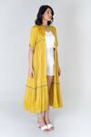 Shop_Neora By Nehal Chopra_Yellow Bemberg Modal Silk Braided Lace Open Pleated Solid Cape _Online_at_Aza_Fashions