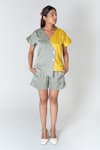 Buy_Neora By Nehal Chopra_Green Bemberg Modal Silk Colour Block V-neck Overlap Panel Top With Shorts _at_Aza_Fashions