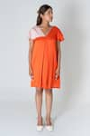 Buy_Neora By Nehal Chopra_Orange Bemberg Modal Silk Colour Block V-neck Dress _at_Aza_Fashions