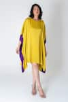 Buy_Neora By Nehal Chopra_Yellow Bemberg Modal Silk Colour Block Round Kaftan _at_Aza_Fashions