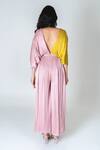 Shop_Neora By Nehal Chopra_Pink Bemberg Modal Silk Colour Block V-neck Draped Jumpsuit _at_Aza_Fashions