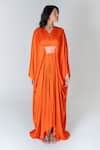 Buy_Neora By Nehal Chopra_Orange Bemberg Modal Silk Braided Lace V-neck Asymmetric Waist Kaftan _Online_at_Aza_Fashions