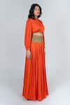 Neora By Nehal Chopra_Orange Bemberg Modal Silk Braided Lace Round Draped Top With Waist Skirt _at_Aza_Fashions