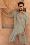 Neora By Nehal Chopra_Green Bemberg Modal Silk Plain Contrast Piping Detail T-shirt With Shorts _Online_at_Aza_Fashions