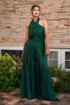 Buy_Label Anshu Khathuria_Green Satin Blend Asymmetric Draped Neck Flared Jumpsuit _at_Aza_Fashions