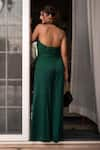 Label Anshu Khathuria_Green Satin Blend Asymmetric Draped Neck Flared Jumpsuit _Online_at_Aza_Fashions