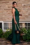 Shop_Label Anshu Khathuria_Green Satin Blend Asymmetric Draped Neck Flared Jumpsuit _Online_at_Aza_Fashions