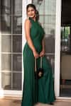 Shop_Label Anshu Khathuria_Green Satin Blend Asymmetric Draped Neck Flared Jumpsuit _at_Aza_Fashions