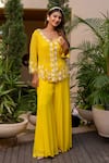 Buy_Label Anshu Khathuria_Yellow Silk Embroidered Pearls V-neck Tunic Palazzo Set _at_Aza_Fashions