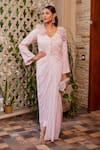 Buy_Label Anshu Khathuria_Pink Georgette Embroidered Pearls V-neck Jacket Top With Draped Skirt _at_Aza_Fashions