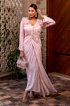 Shop_Label Anshu Khathuria_Pink Georgette Embroidered Pearls V-neck Jacket Top With Draped Skirt _Online_at_Aza_Fashions