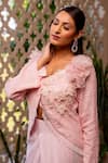 Shop_Label Anshu Khathuria_Pink Georgette Embroidered Pearls V-neck Jacket Top With Draped Skirt _at_Aza_Fashions