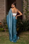 Label Anshu Khathuria_Blue Tissue Embroidered Pearls Sweetheart Saree With Bustier _Online_at_Aza_Fashions