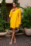 Buy_Label Anshu Khathuria_Yellow Cotton Embroidered Thread Collared Flower And Bird Shirt Dress _at_Aza_Fashions