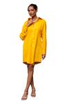 Buy_Label Anshu Khathuria_Yellow Cotton Embroidered Thread Collared Flower And Bird Shirt Dress _Online_at_Aza_Fashions