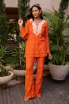 Buy_Label Anshu Khathuria_Orange Cotton Embroidered Floral Notched Round Crochet Detailed Tunic With Pant _at_Aza_Fashions