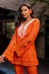 Shop_Label Anshu Khathuria_Orange Cotton Embroidered Floral Notched Round Crochet Detailed Tunic With Pant _at_Aza_Fashions