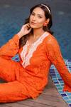 Buy_Label Anshu Khathuria_Orange Cotton Embroidered Floral Notched Round Crochet Detailed Tunic With Pant 